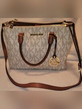 Michael Kors MK Signature Vanilla  Tote Bag Brown Leather Trim Shoulder Purse